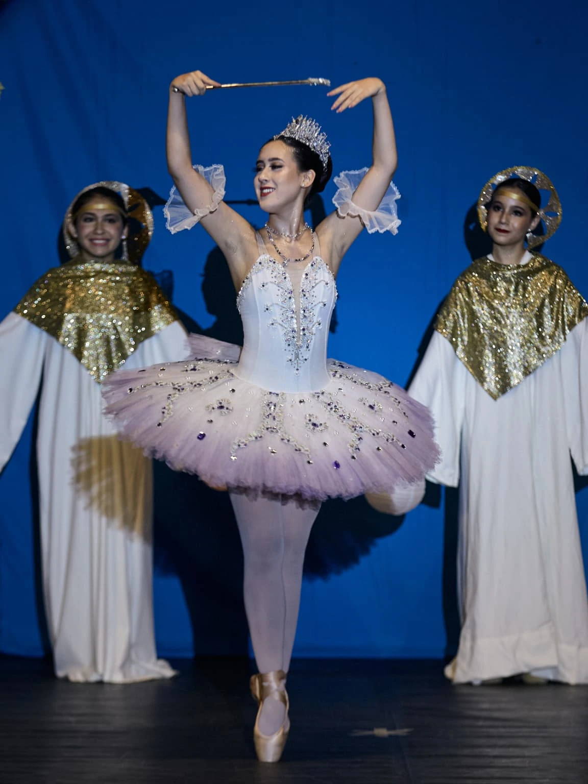 Bailarina de DANZAR en puntas con tutú lila y corona durante una función